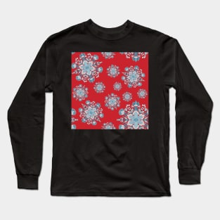 Blue, Pink and Red Mandala Snowflake Repeat Pattern Long Sleeve T-Shirt